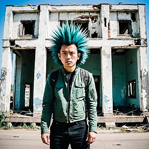 Man with Blue Spiked Hair in Abandoned Building