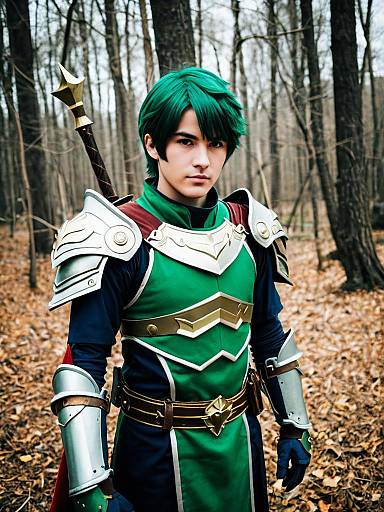 Alm Fire Emblem Cosplay in Forest with Green Armor and Sword