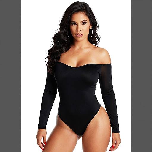 Woman in Black Off-Shoulder Long Sleeve Bodysuit Fashion Portrait