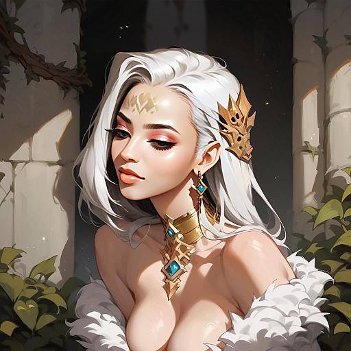 Elegant Fantasy Woman with Silver Hair and Golden Jewelry Digital Artwork