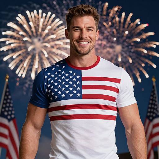 Man Wearing American Flag T-shirt with Fireworks and Flags Background