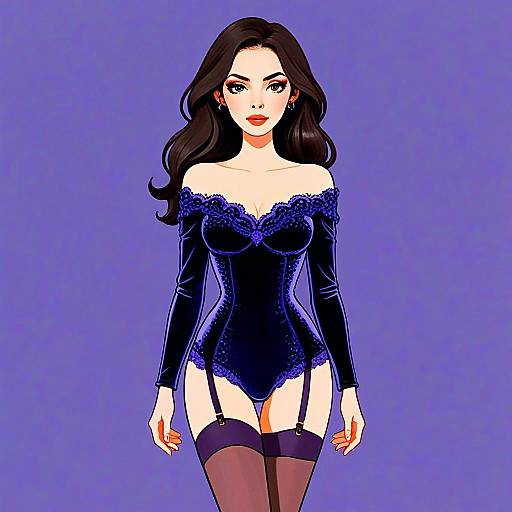 Elegant Woman Wearing Midnight Blue Velvet Bodysuit Illustration
