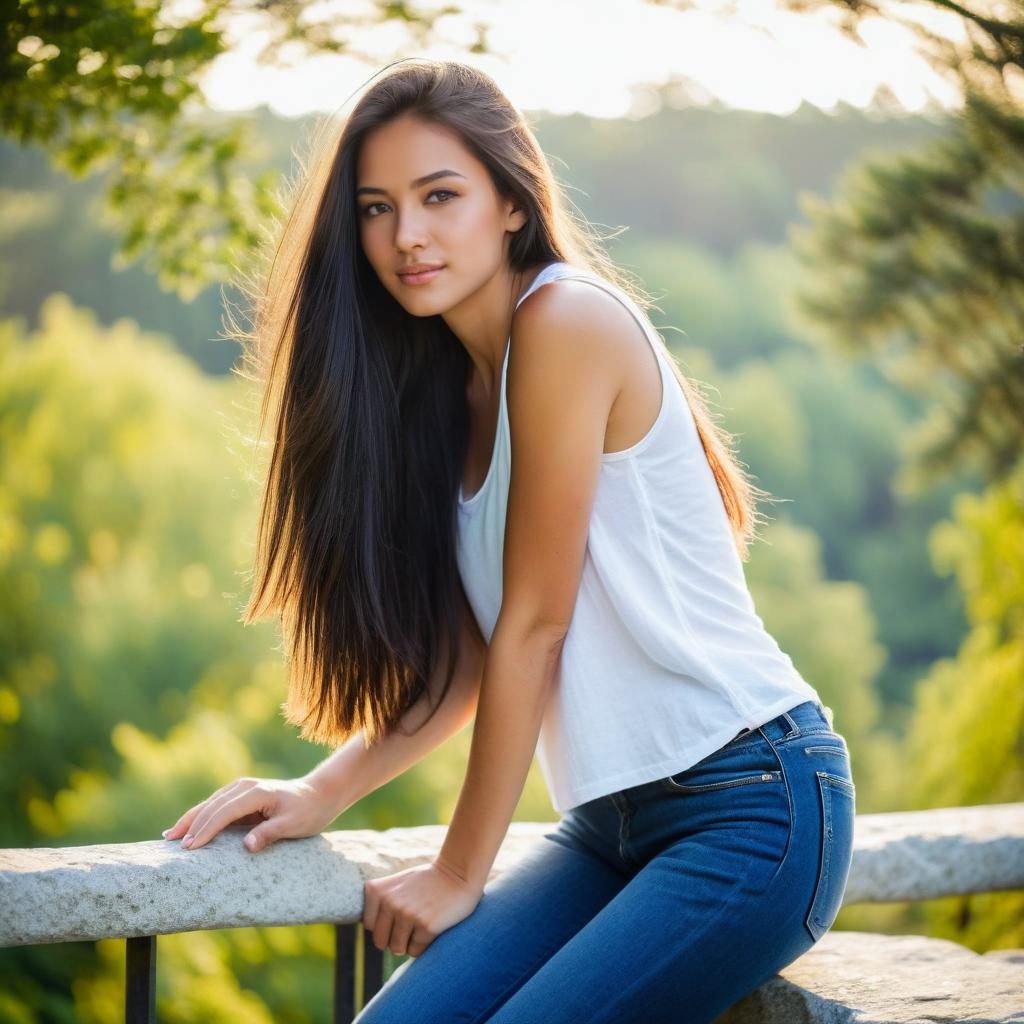 Young Woman Leaning on Stone Railing Outdoors in Casual Outfit