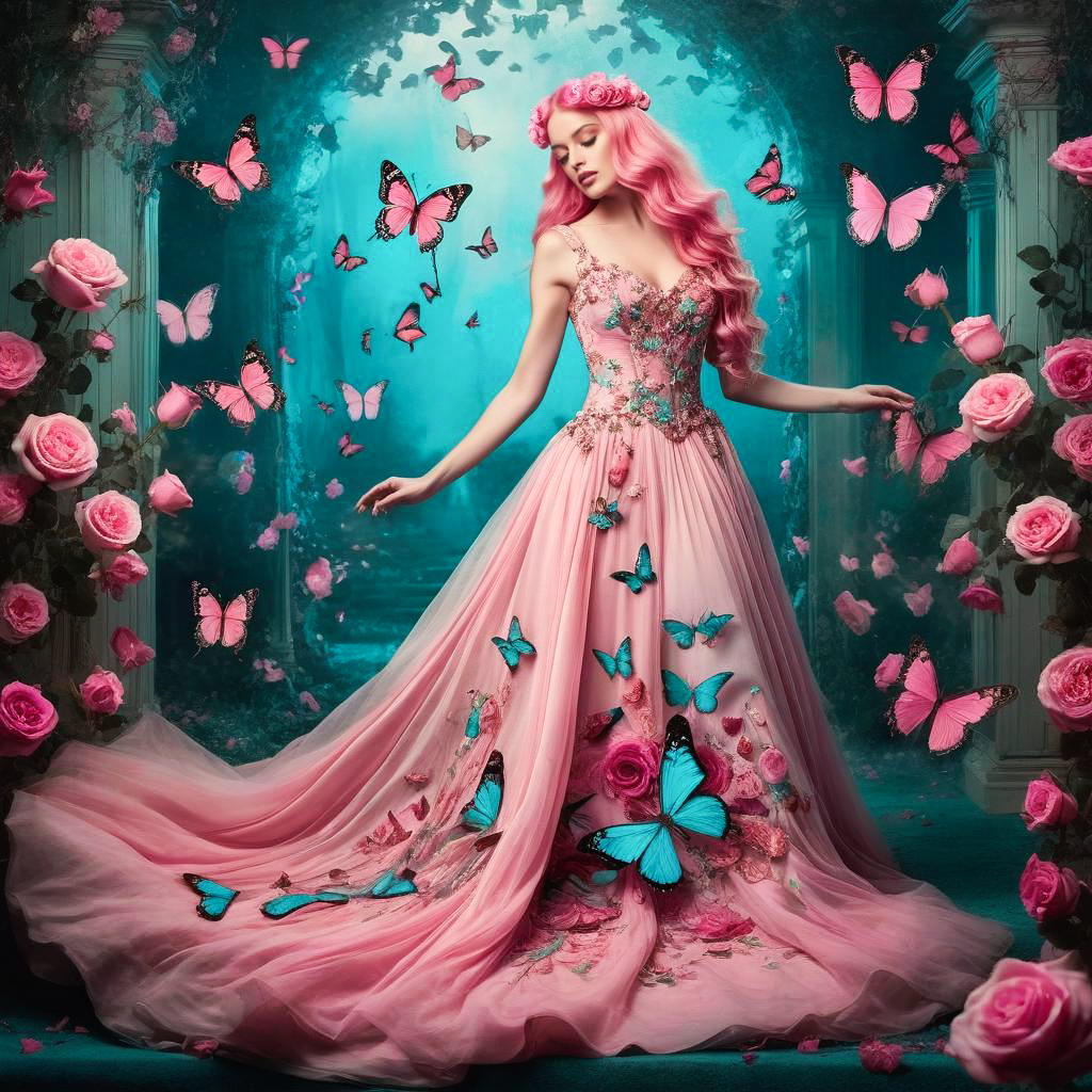 Woman in Pink Gown in Enchanted Garden