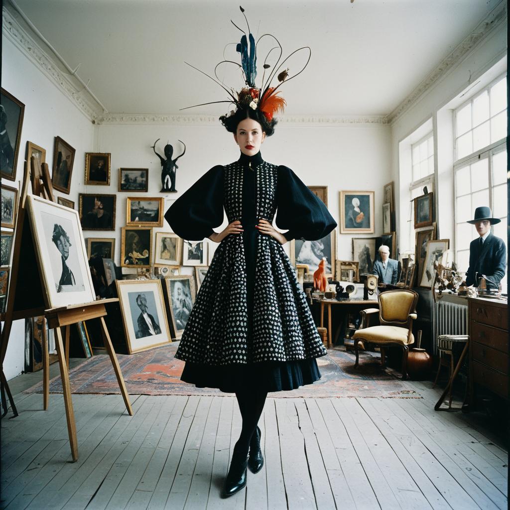 Elegant Woman in Vintage Art Studio Wearing Theatrical Black Dress and Feathered Headpiece