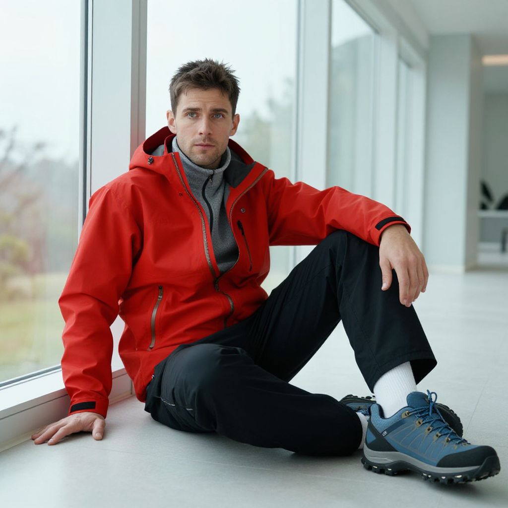 Young Man in Red Jacket Sitting Indoors by Window in Outdoor Apparel