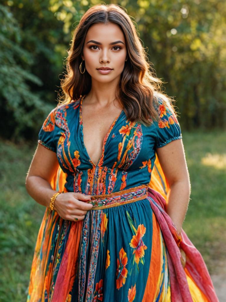 Young woman in floral dress posing outdoors