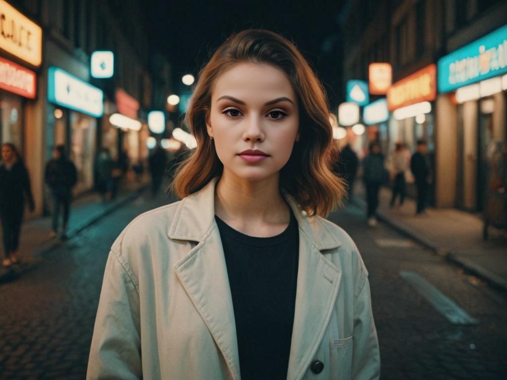 Serene young woman in vintage fashion on city street