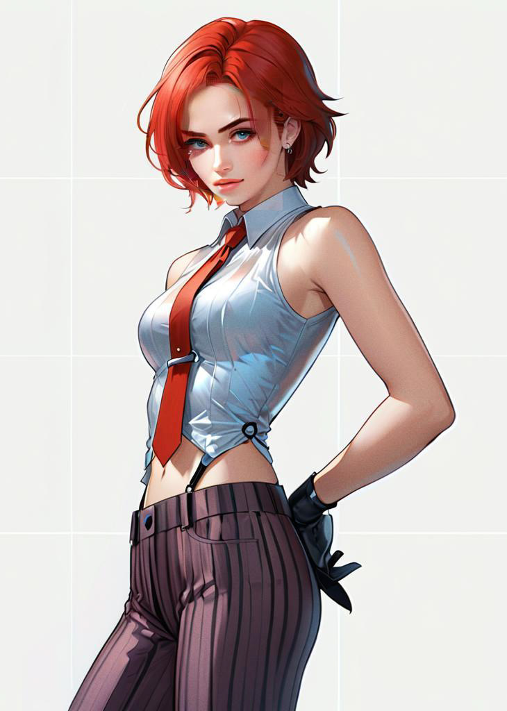 Confident Red-Haired Woman in Anime Style Digital Artwork