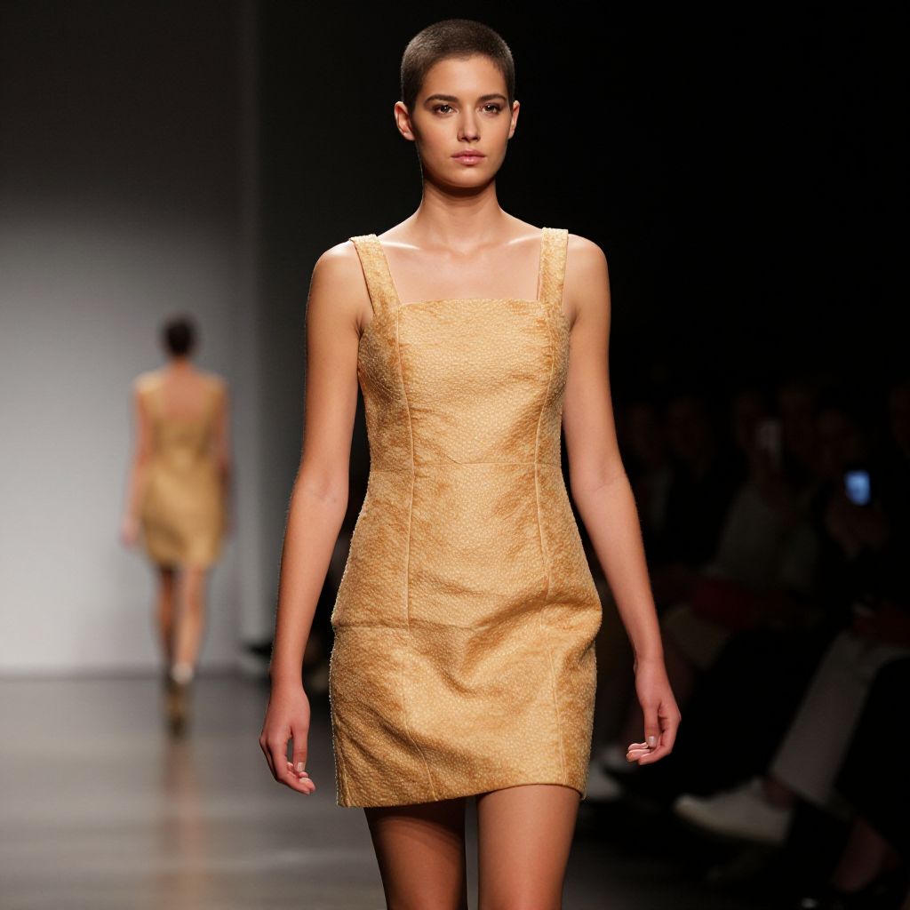 Female Model Wearing Beige Textured Mini Dress on Runway Fashion Show