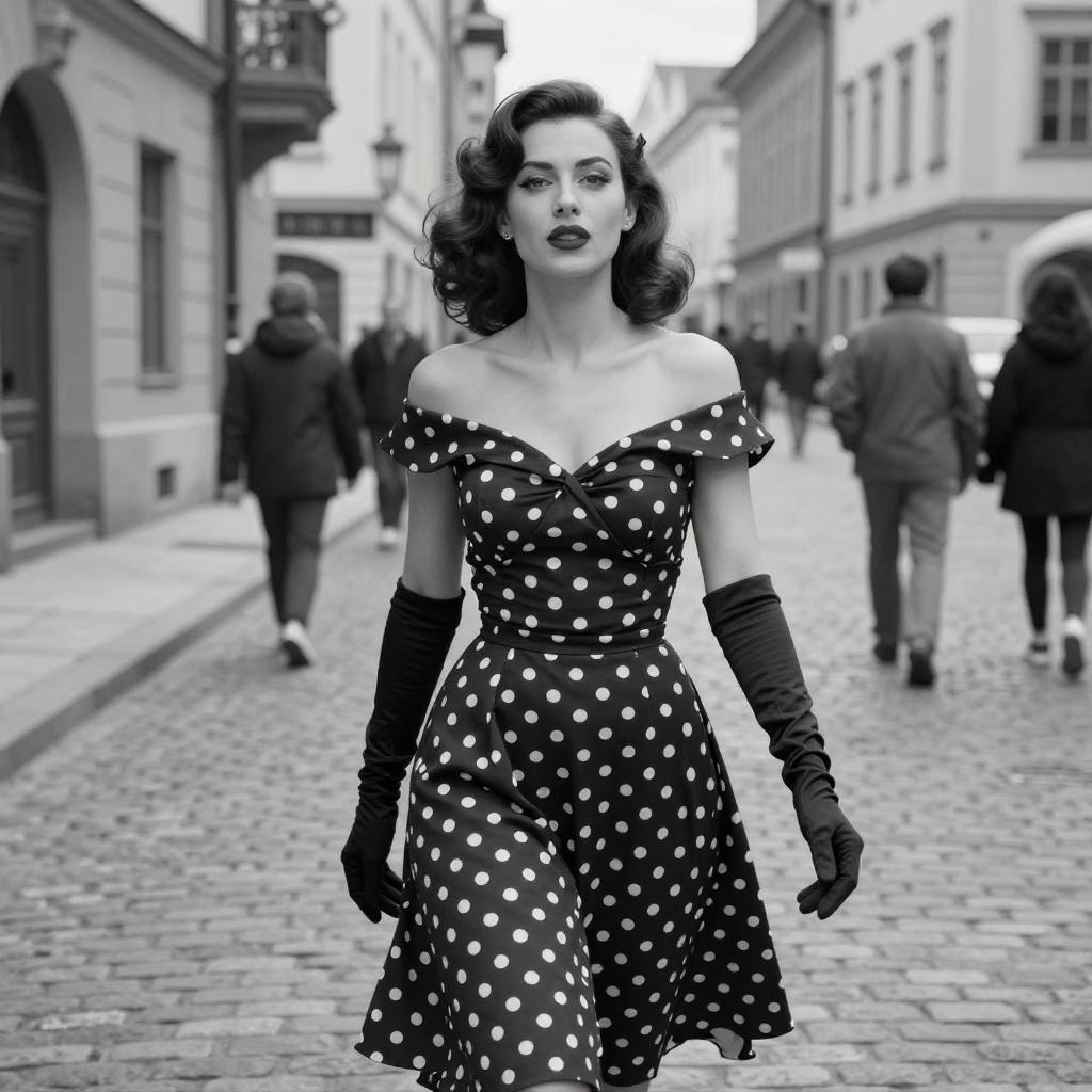 Vintage 1950s Style Woman in Polka Dot Dress Walking on Cobblestone Street