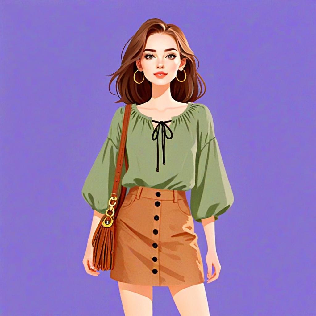 Bohemian Style Woman with Olive Green Blouse and Tan Skirt Illustration