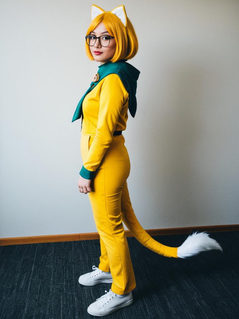 Woman in Yellow Cat Cosplay Costume with Glasses and Tail