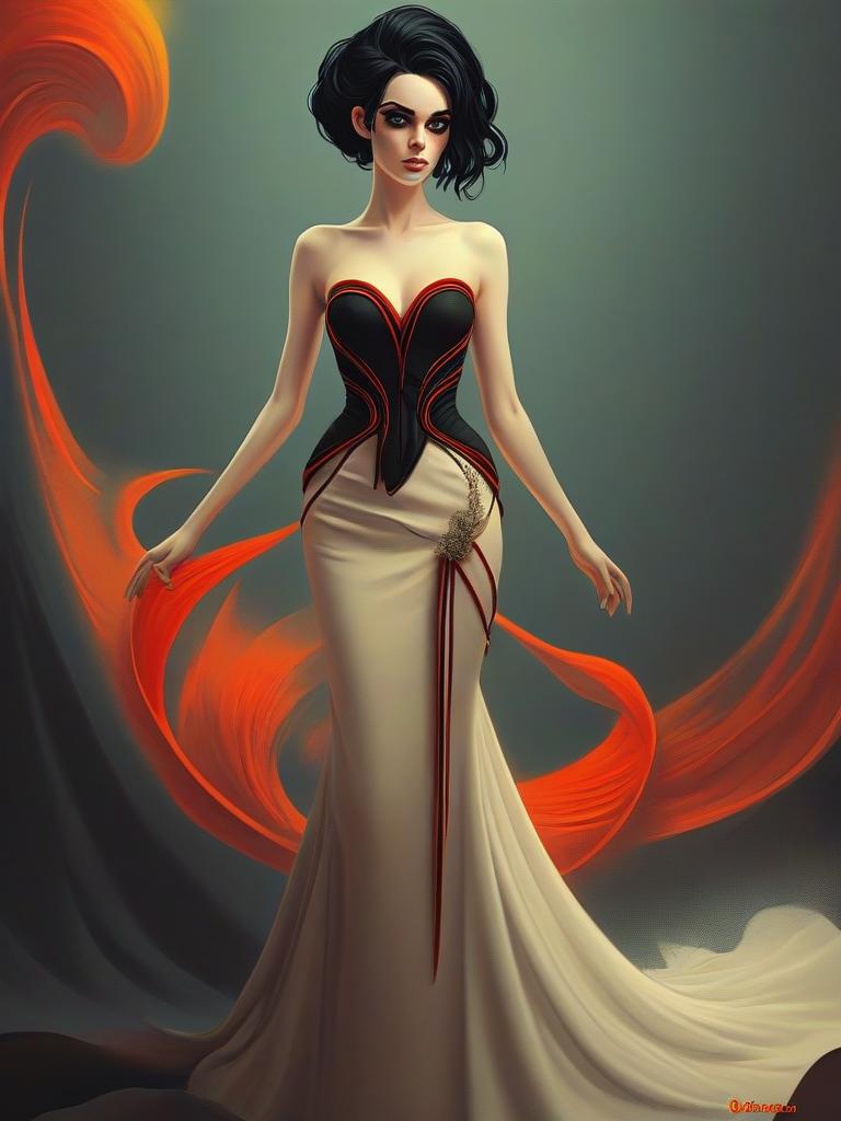 Elegant Woman in Black and Cream Gown with Abstract Red Accents Digital Art