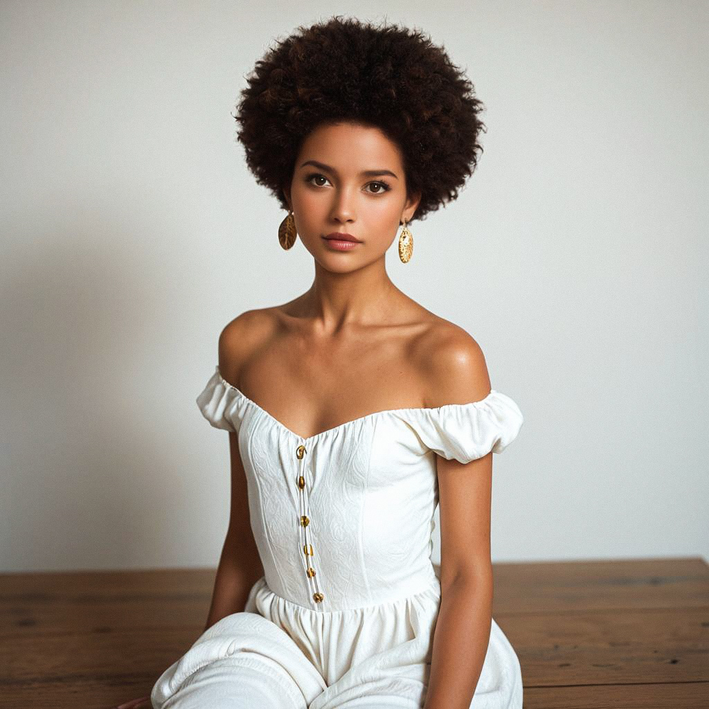 Young Woman with Afro in Elegant Off-Shoulder Outfit