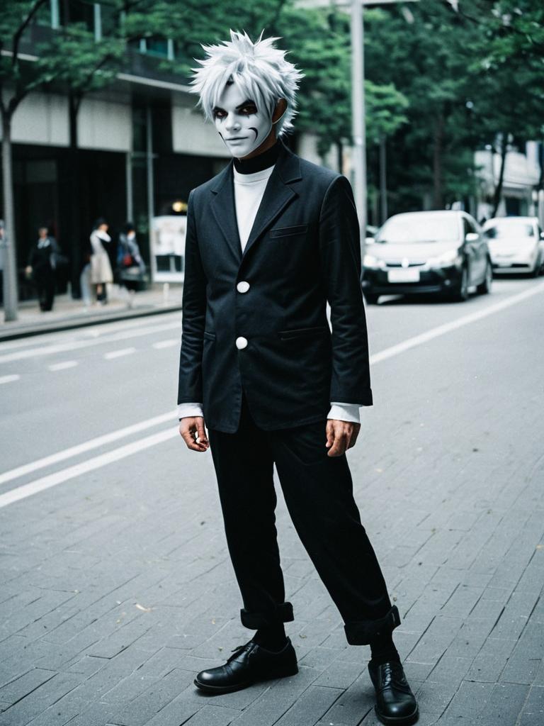 Man in Realistic Asta Anime Cosplay Costume with White Spiky Hair on Urban Street