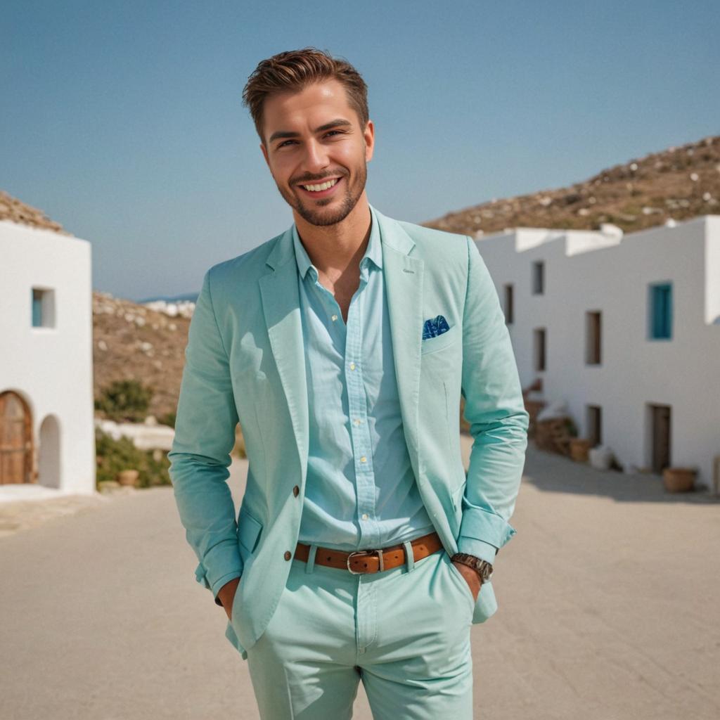 Stylish man in Mykonos with windmills and white architecture