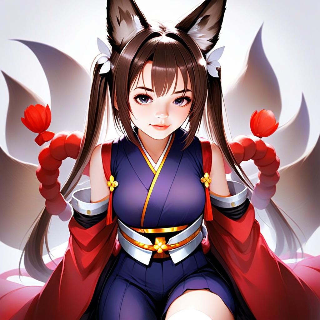 Anime Style Fox Girl with Traditional Outfit and Multiple Tails Illustration
