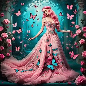 Woman in Pink Gown in Enchanted Garden