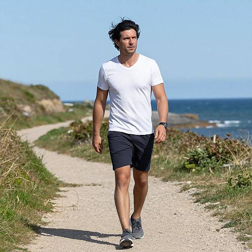 Man Walking on Coastal Path Wearing White T-Shirt and Black Shorts