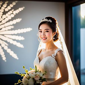 Radiant Bride in Lace Dress with Bouquet