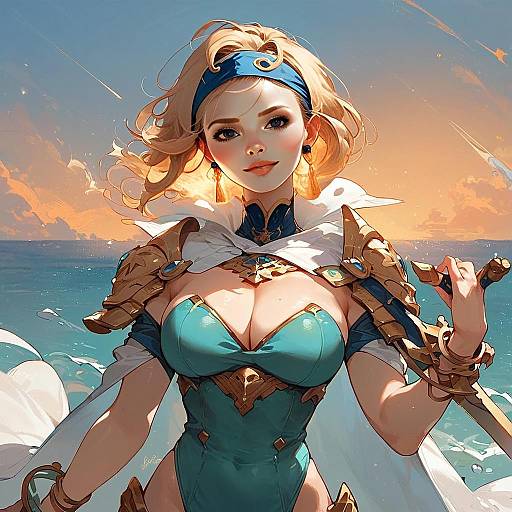 Fantasy Anime Warrior Woman with Sword by the Ocean Sunset