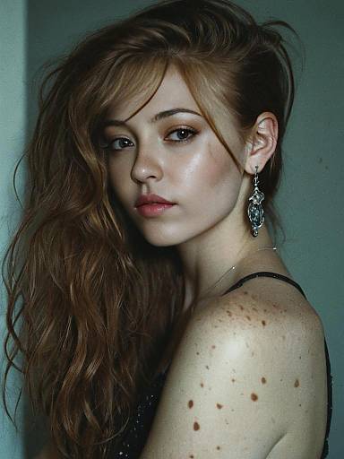 Portrait of Young Woman with Wavy Hair and Freckles