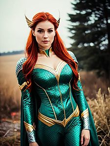 Realistic Mera Costume Woman Cosplay in Green Gold Bodysuit