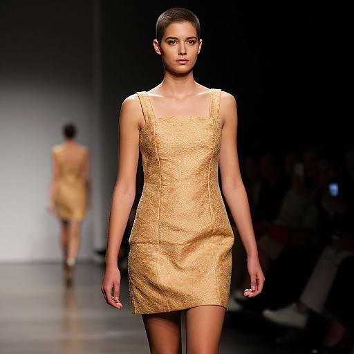 Female Model Wearing Beige Textured Mini Dress on Runway Fashion Show