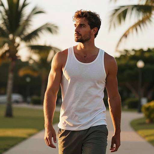 Fit Young Man Walking Outdoors in Tank Top with Tropical Background
