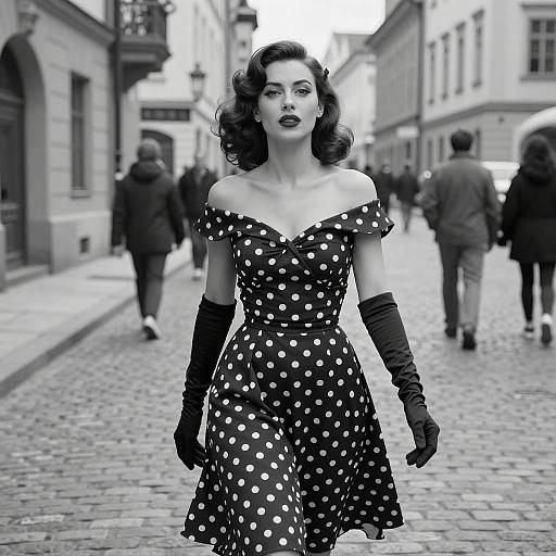 Vintage 1950s Style Woman in Polka Dot Dress Walking on Cobblestone Street
