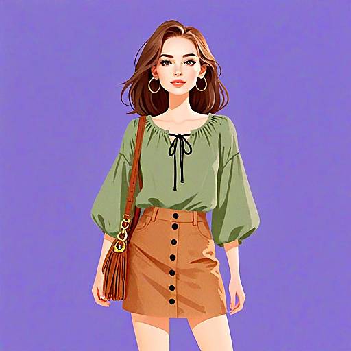 Bohemian Style Woman with Olive Green Blouse and Tan Skirt Illustration