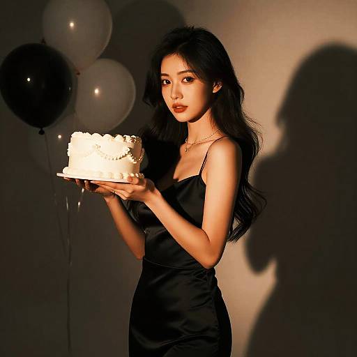 Elegant Woman in Black Dress Holding White Birthday Cake with Balloons