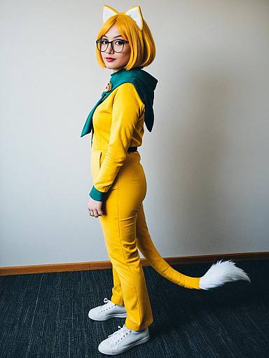 Woman in Yellow Cat Cosplay Costume with Glasses and Tail