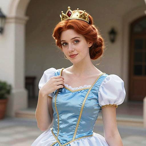 Young Woman in Classic Blue Princess Costume with Gold Crown