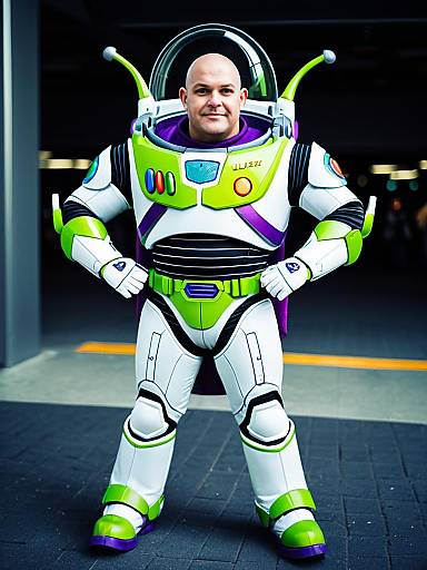 Man in Buzz Lightyear Costume Full Body Cosplay Photo Photorealistic