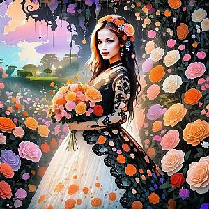 Young Woman in Black Lace Dress in Colorful Garden