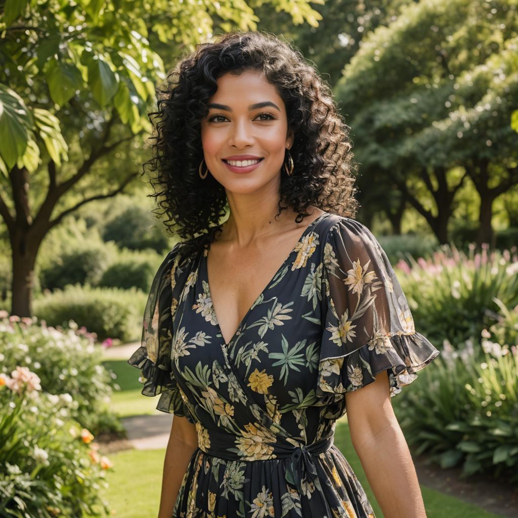 Woman in Floral Dress Smiling in Garden