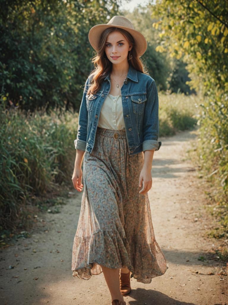 Young Woman in Denim Jacket and Floral Skirt Walking in Lush Greenery