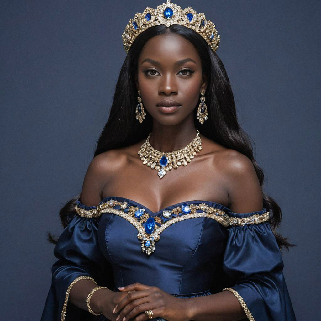 Regal Woman in Navy Blue Gown with Gold Embellishments