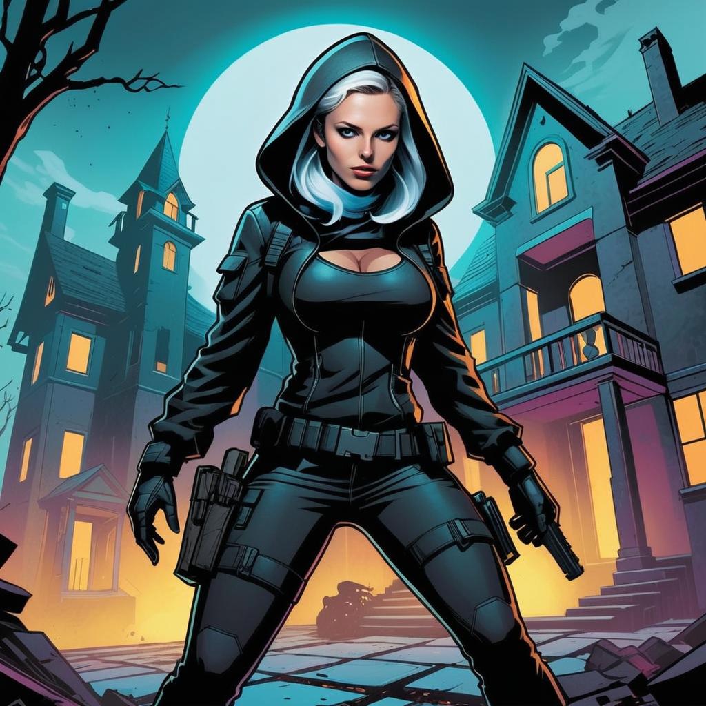 Confident Woman in Tactical Gear with Pistols Under Full Moon
