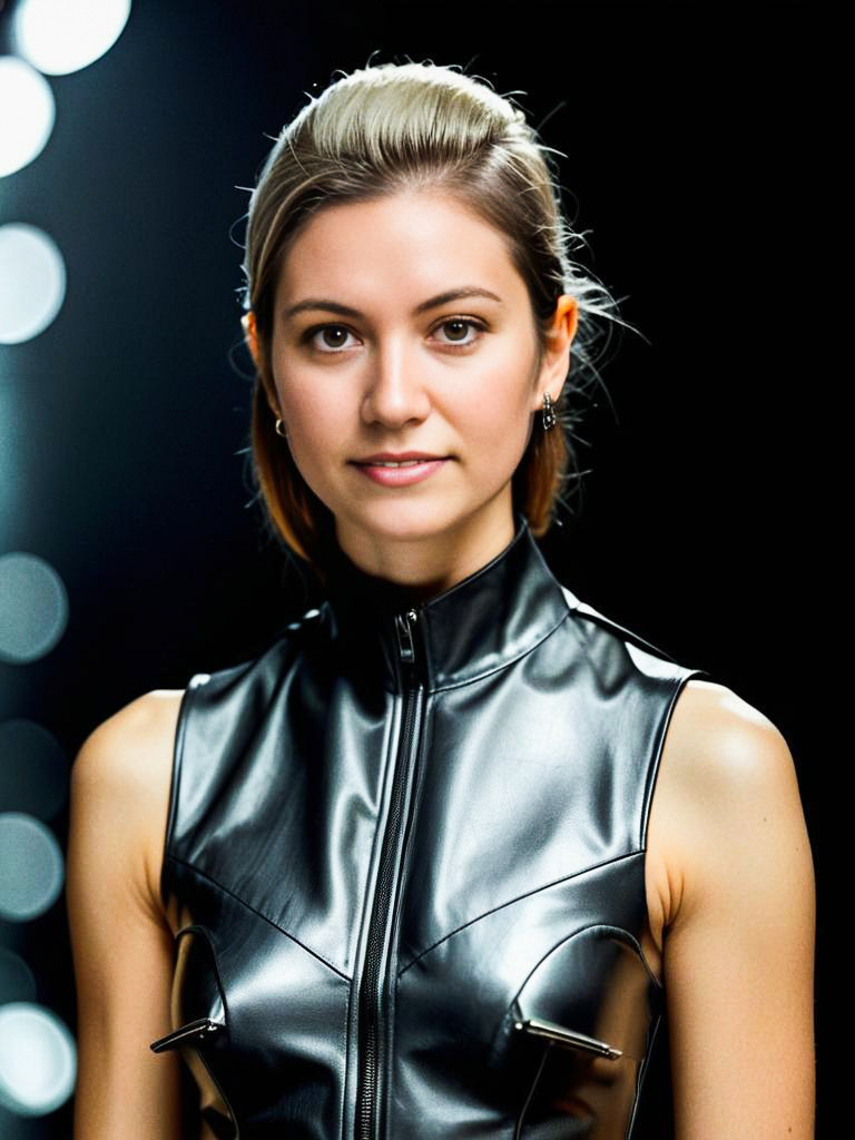 Confident Woman in Futuristic Black Leather Vest