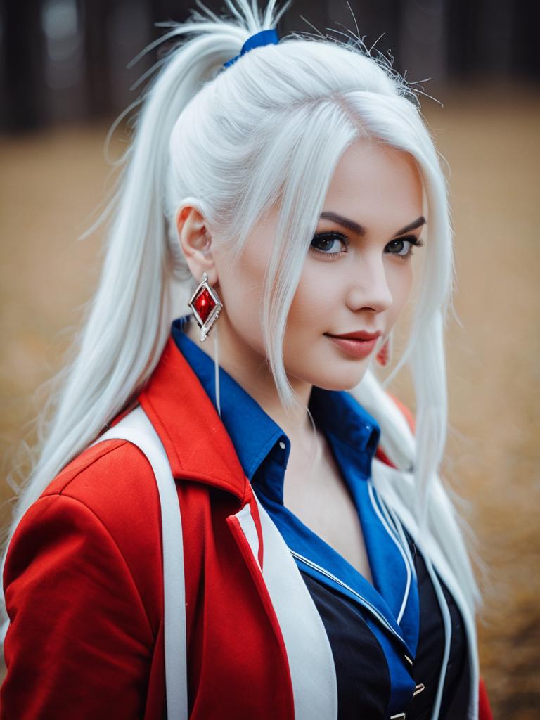 Portrait of Woman with Platinum Blonde Hair in Red Jacket