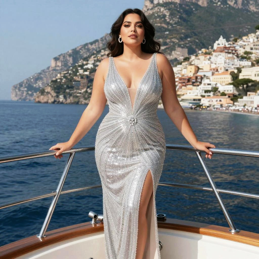 Glamorous Silver Sequined Evening Gown on Woman Posing on Yacht by Coast