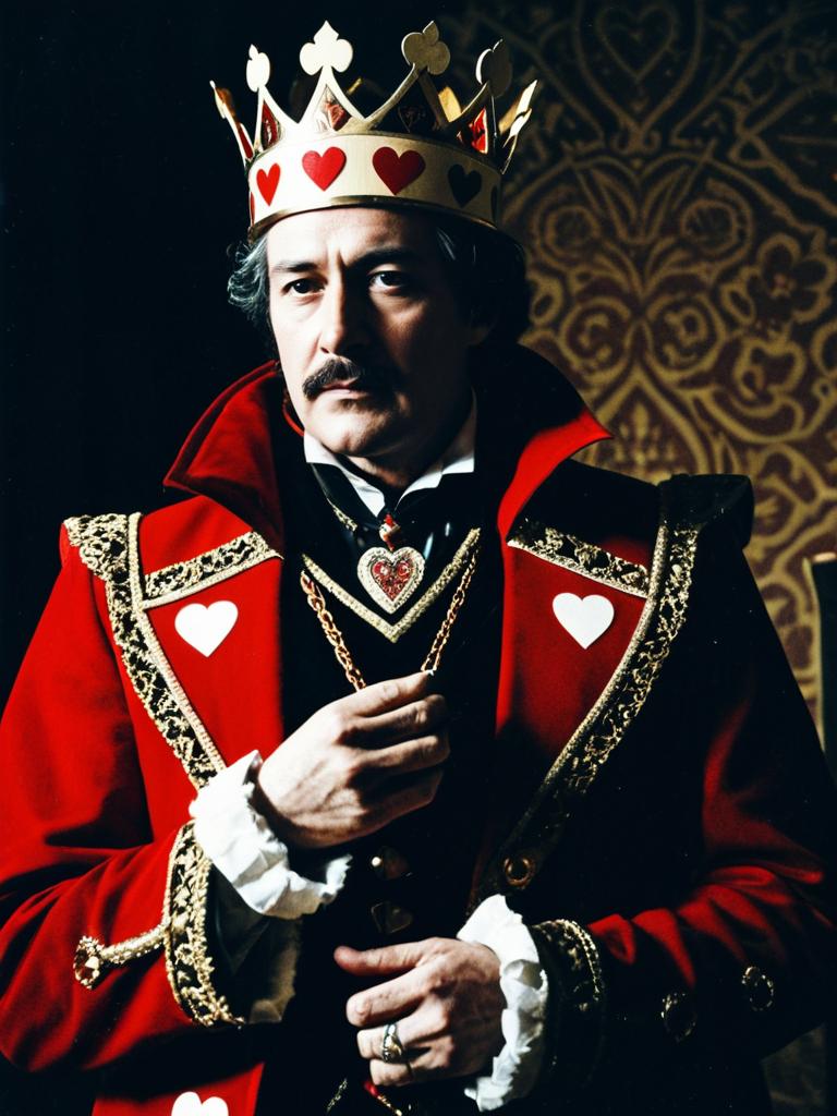Man in King of Hearts Costume with Cinematic Realism and Regal Dramatic Lighting