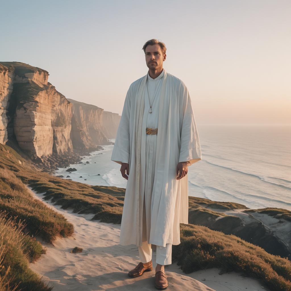 Man in White Robes Standing on Coastal Cliff at Sunset
