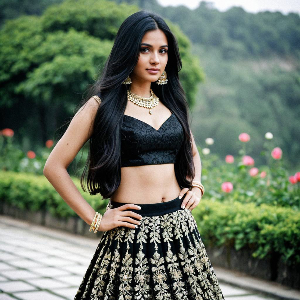 Confident Young Woman in Black Brocade Lehenga Confident Young Woman in Black Brocade Lehenga