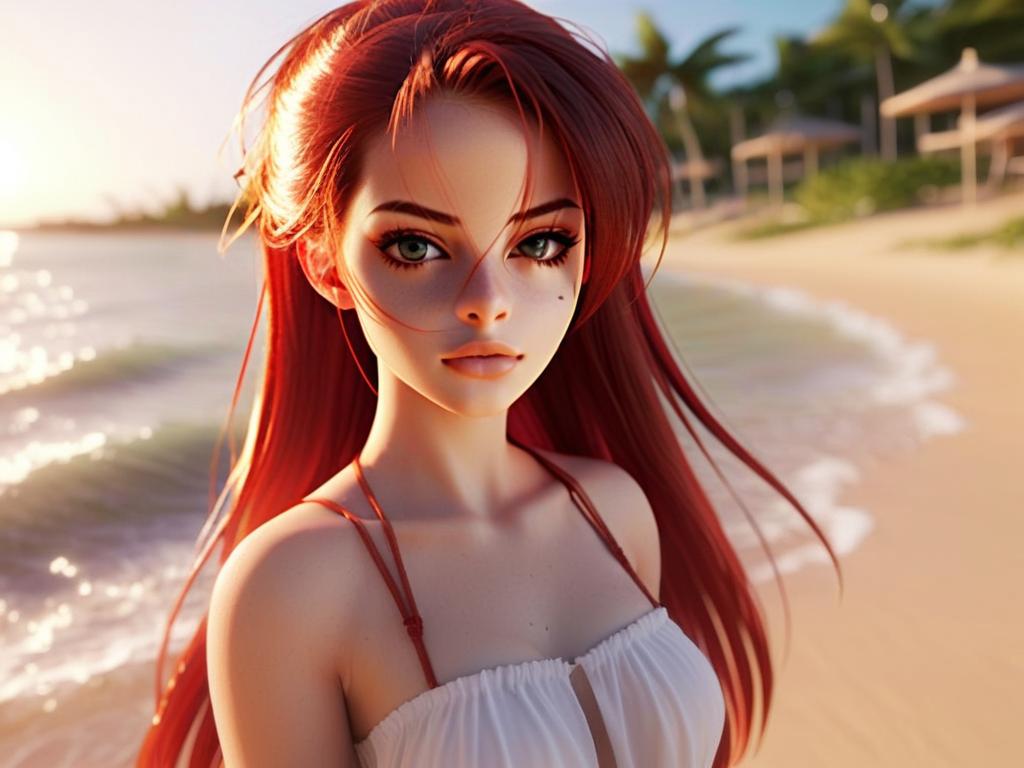 Young Woman with Red Hair on Sunlit Beach