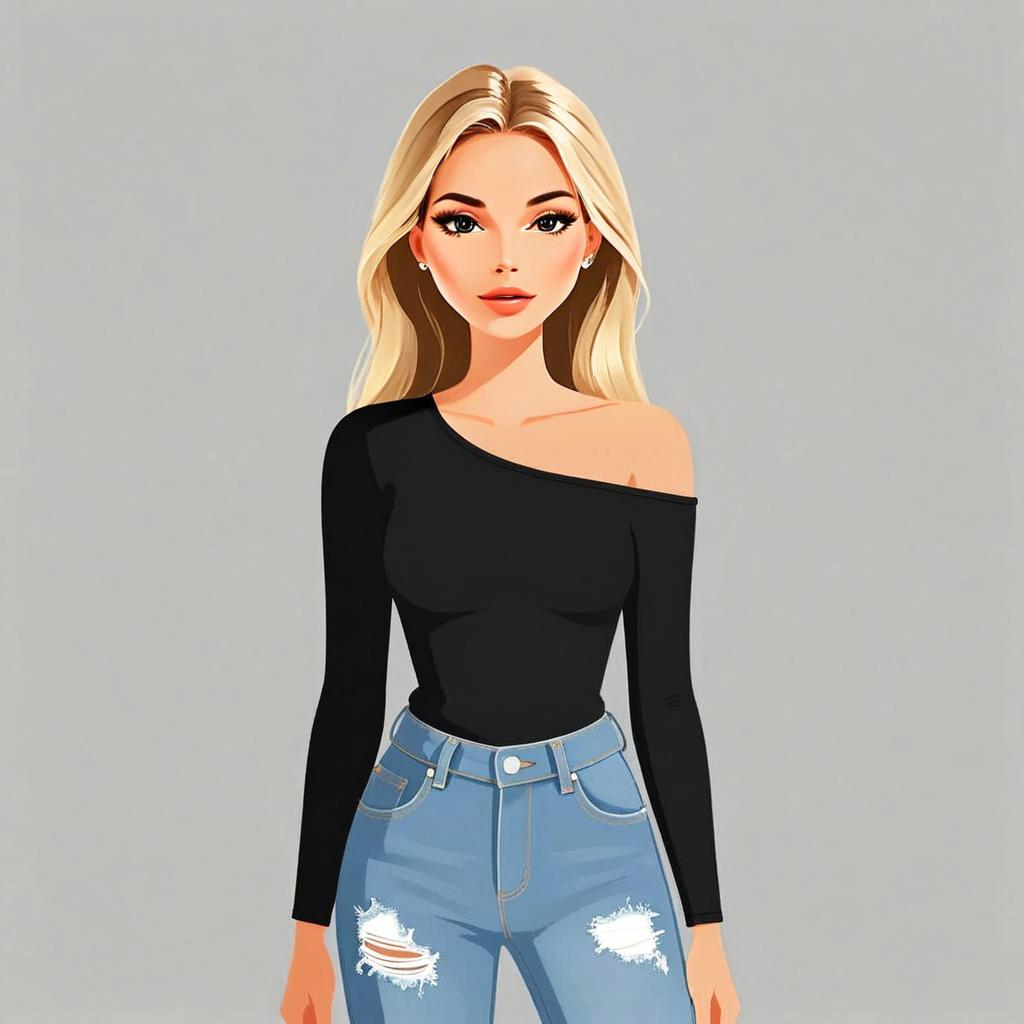 Stylish Woman with Blonde Hair in Casual Off-Shoulder Top and Ripped Jeans Illustration