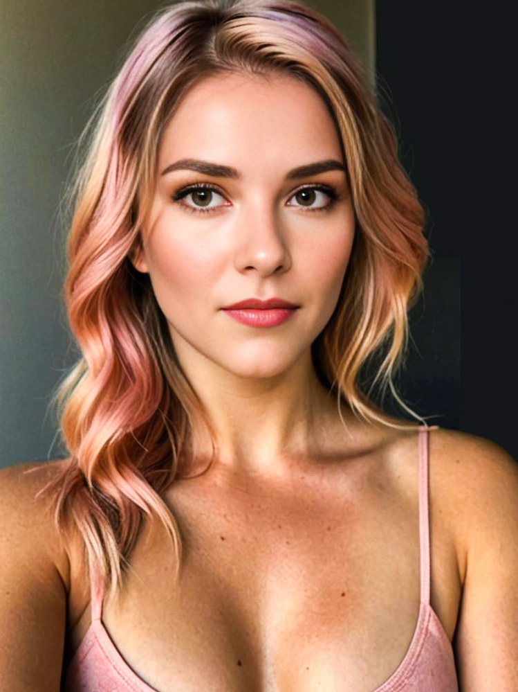 Woman with Pink-Highlighted Hair and Glowing Complexion